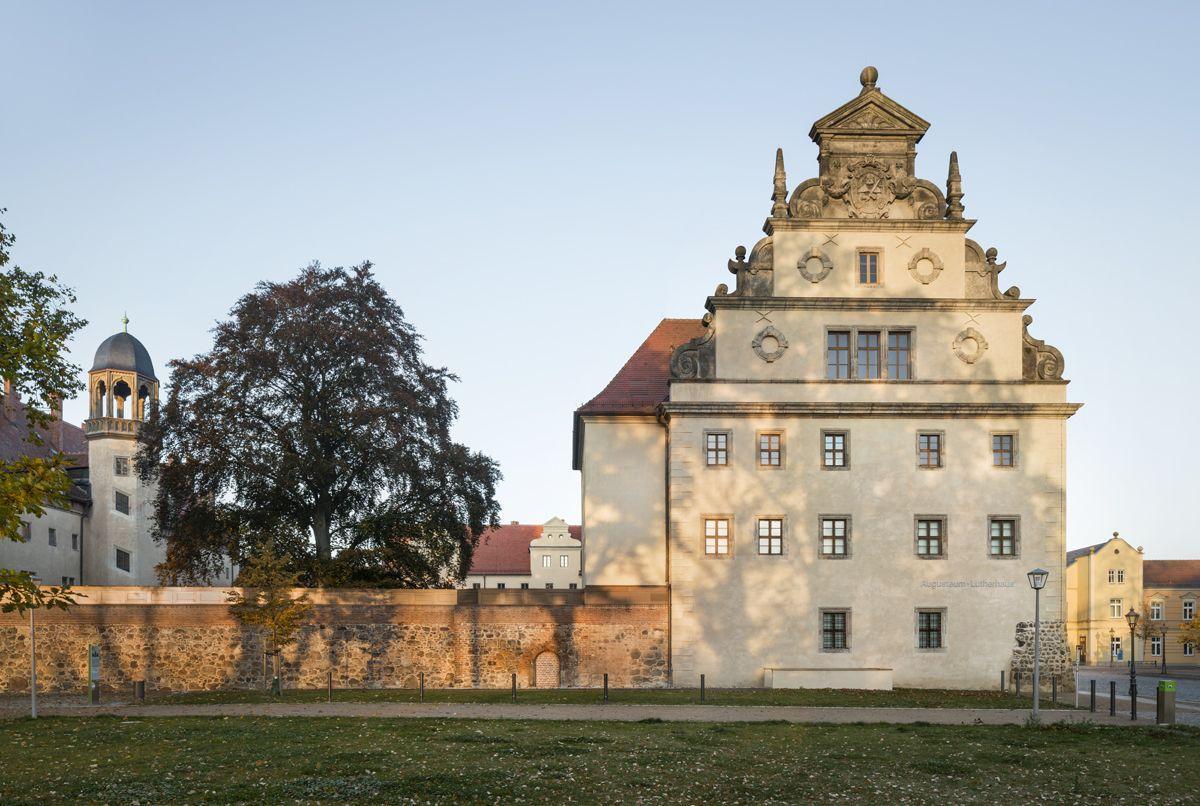 links Turm vom Lutherhaus, rechts Augusteum und großer Baum