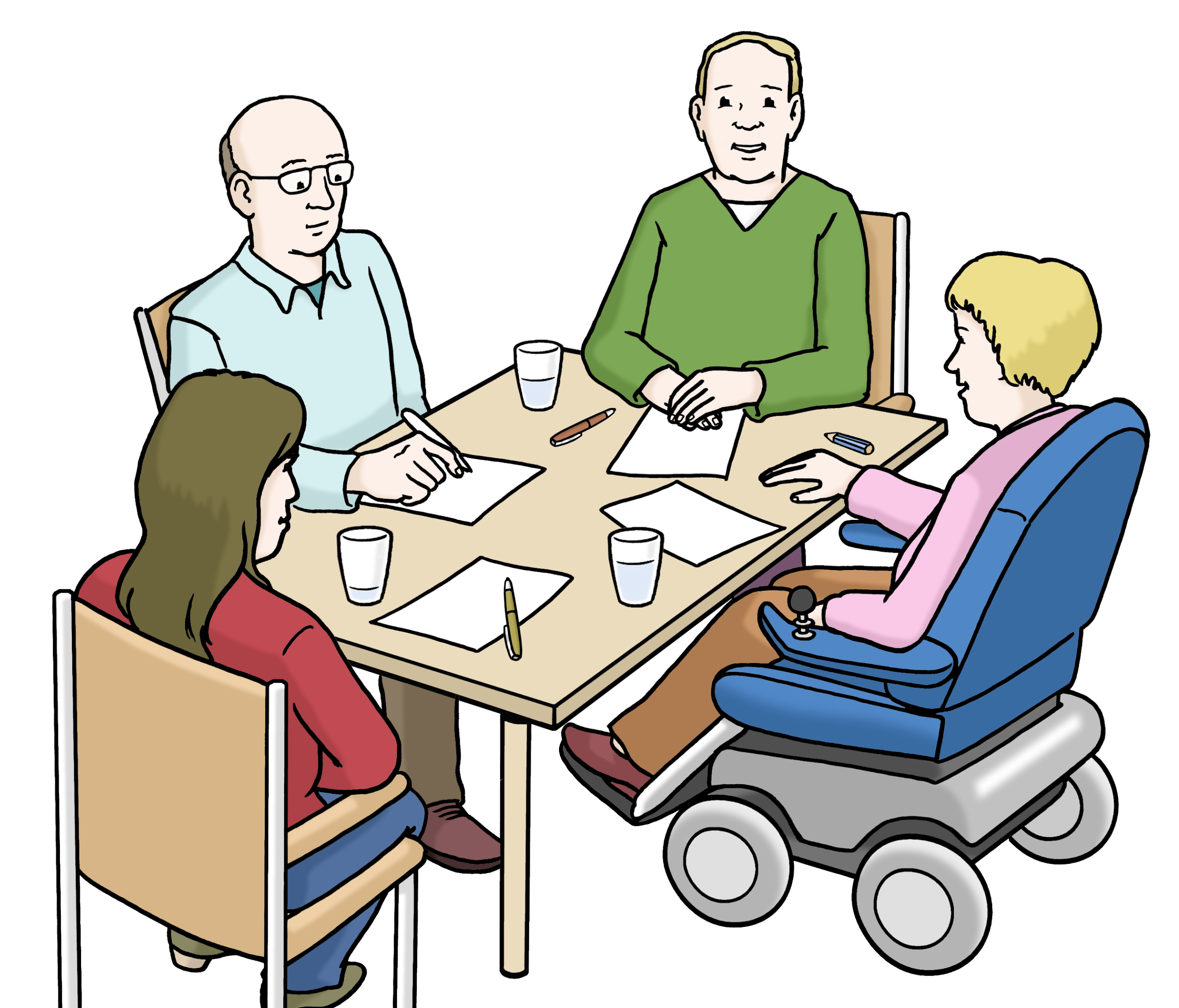 Symbolbild Comicstyle eine Gruppe von 4 Menschen sitzt an einem Tisch, Blätter und Gläser auf dem Tisch. Eine Person sitzt im Rollstuhl