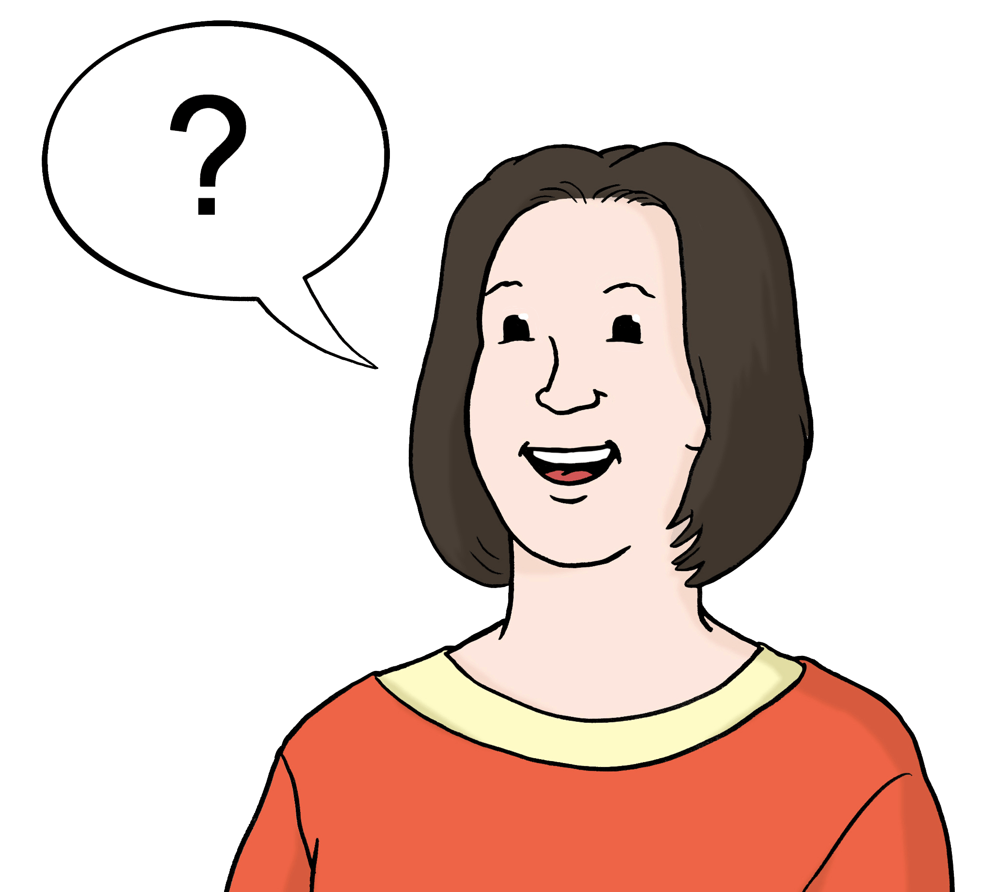 Symbolbild Comicstyle eine Frau spricht und hat eine Sprechblase mit einem Fragezeichen über sich