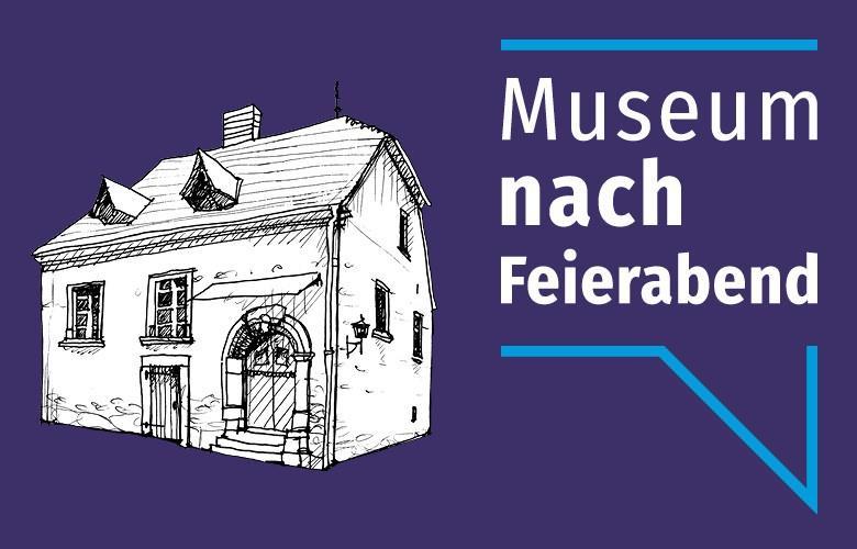 lila Hintergrund, Elternhaus als Skizze, Sprechblase mit weißer Schrift "Museum nach Feierabend"