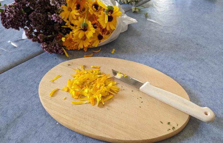 Brettchen mit Blütenblättern, daneben ein Küchenmesser