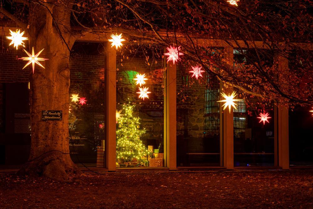 Herrnhuter Sterne im Baum, Weihnachtsbaum im Fenster