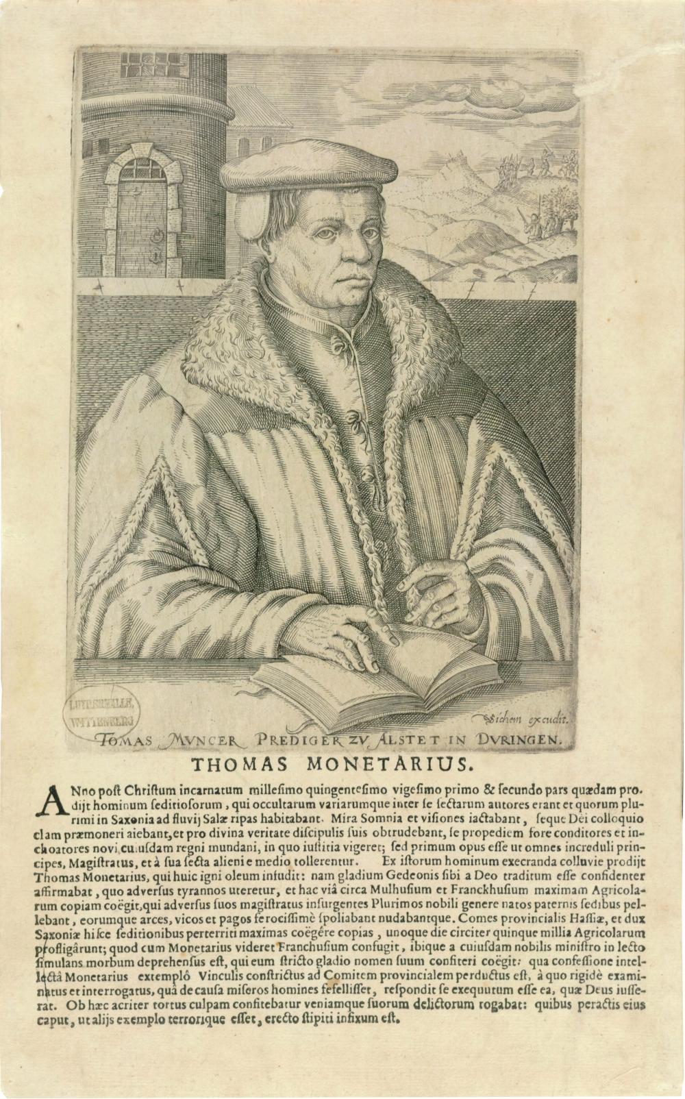 gelbliches Papier, einfarbiges Porträt von Thomas Müntzer, Schrift drunter