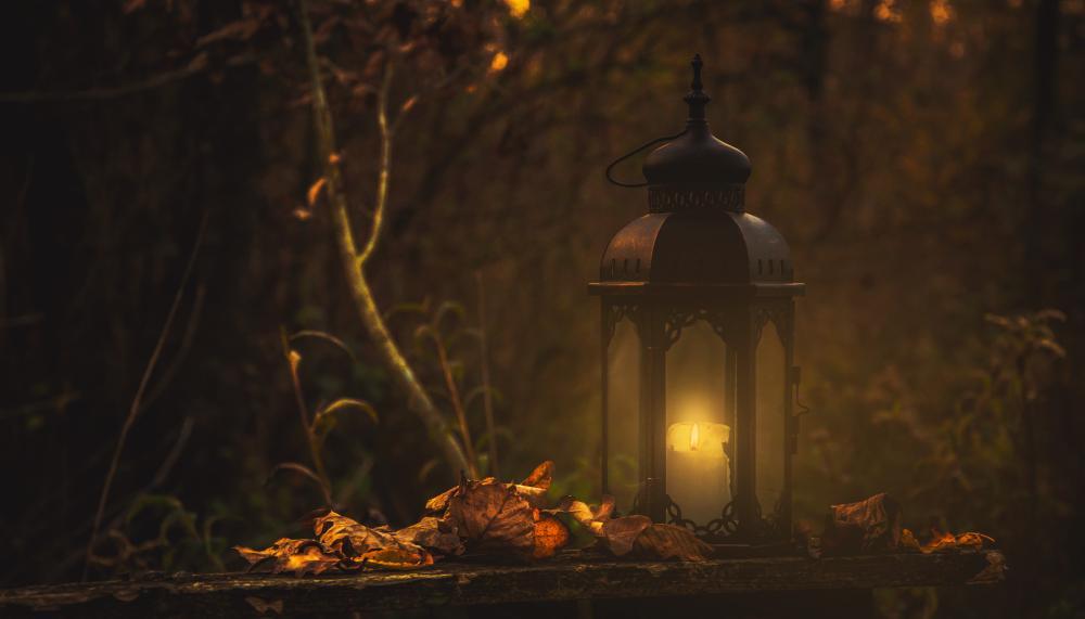 Wald, bunte Herbstblätter, Laterne mit brennender Kerze