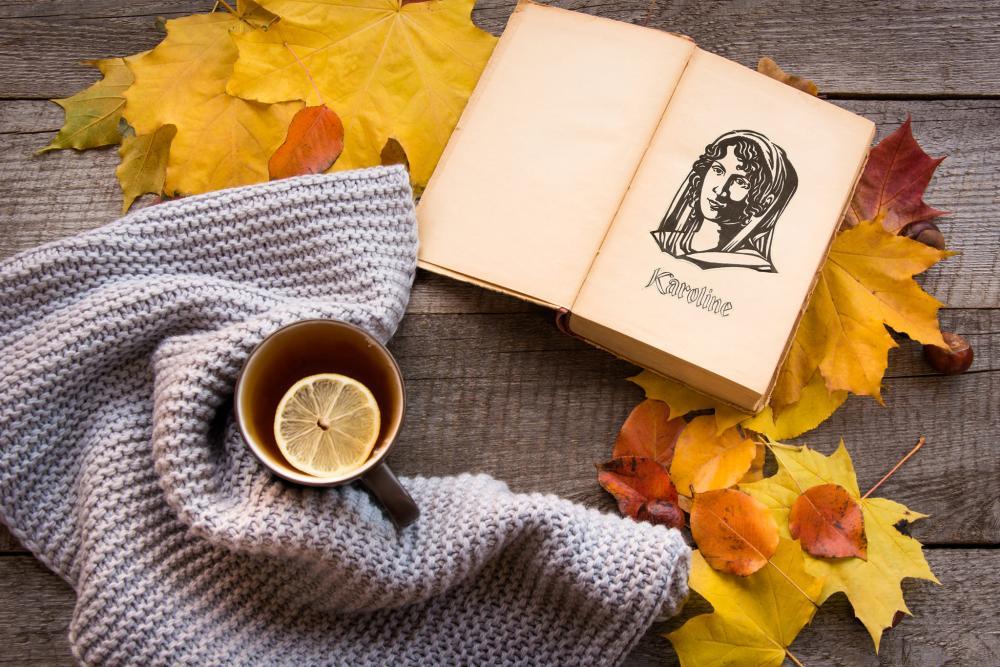 Holztisch, Herbstblätter, Teetasse, grauer Schal, offenes Buch