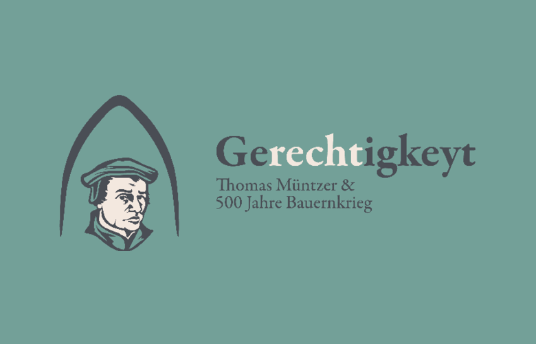 mintgrüner Hintergrund, Kopf von Thomas Müntzer, Gerechtigkeyt