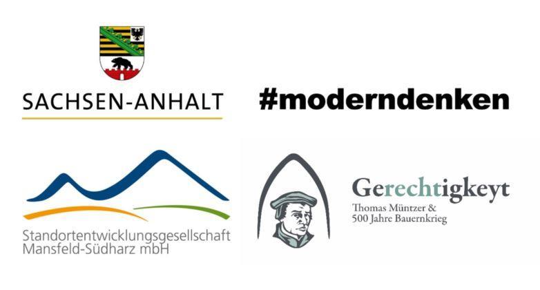 3 Logos: oben Sachsen-Anhalt #moderndenken, unten links Standortentwicklungsgesellschaft Mansfeld-Südharz mbH, unten rechts Gerechtigkeyt