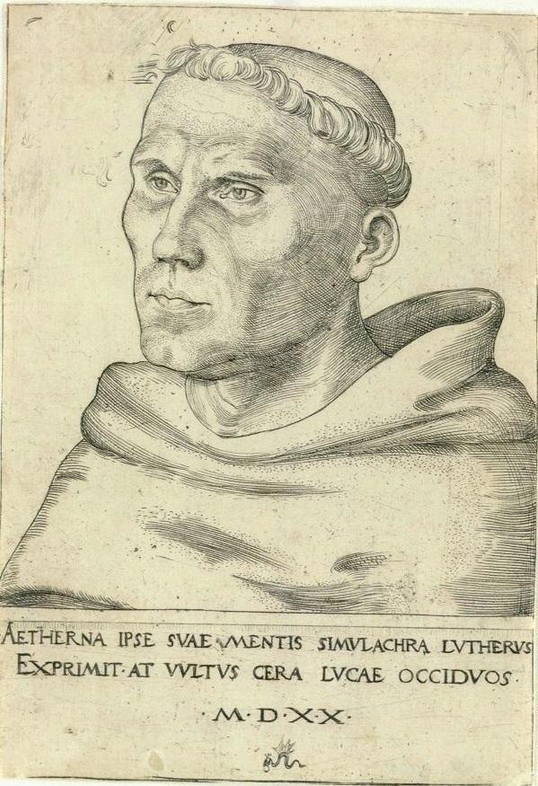 gelbliches Papier, einfarbiges Porträt von Martin Luther, Schrift drunter