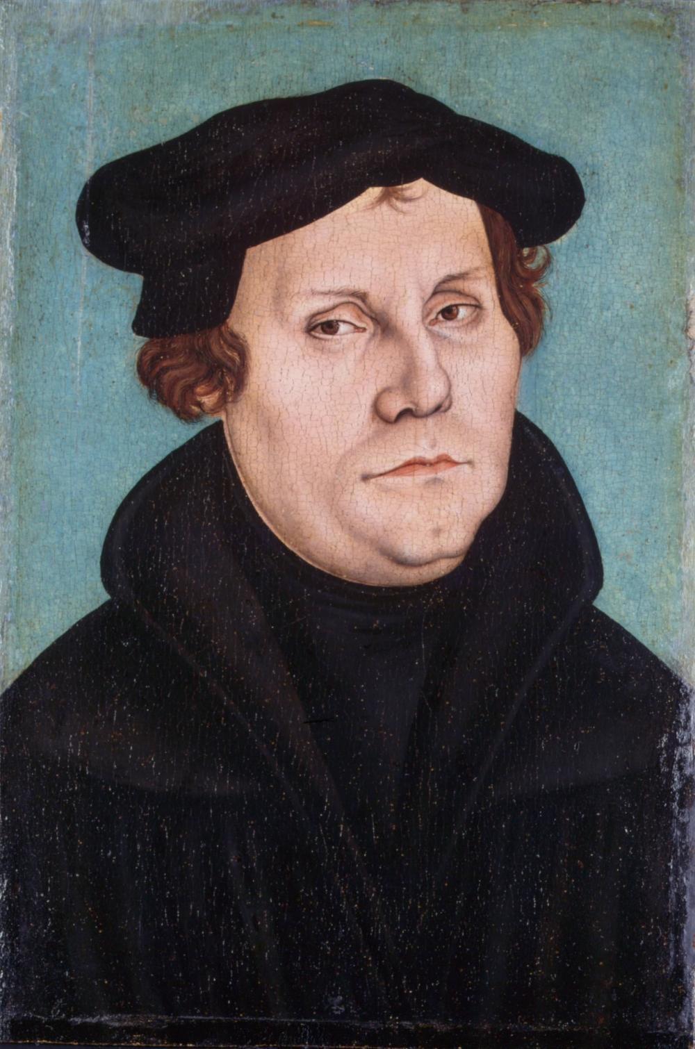 Portrait von Luther, schwarze Kleidung, grüner Hintergrund