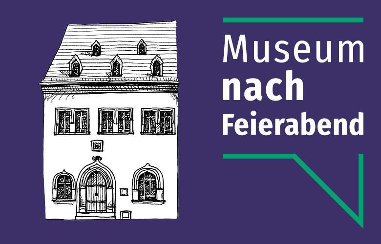 lila Hintergrund, Sterbehaus als Skizze, Sprechblase mit weißer Schrift "Museum nach Feierabend"