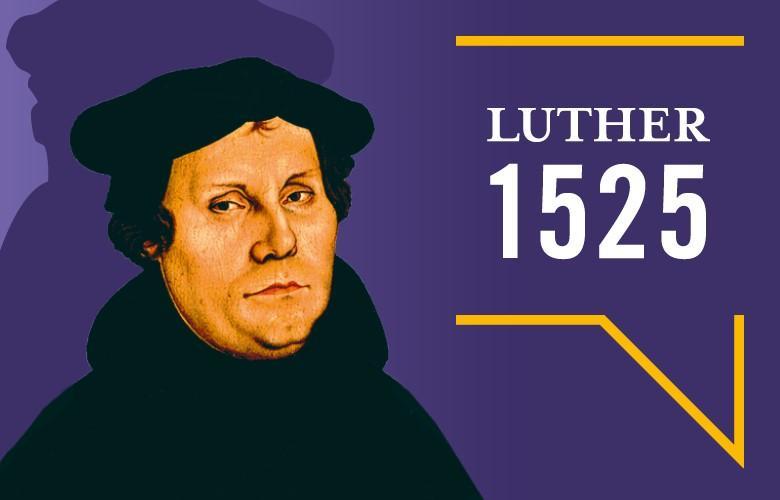 lila Hintergrgund, gelbe Sprechblase, weiße Schrift "Luther 1525", Lutherabbild