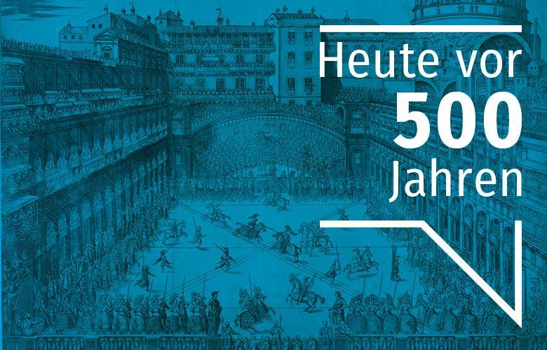blau eingefärbtes Bild, weiße Sprechblase mit "Heute vor 500 Jahren"