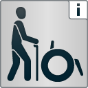 Icon für Gehbehinderung: ein Mensch geht am Stock und vor ihm steht ein Rollstuhl